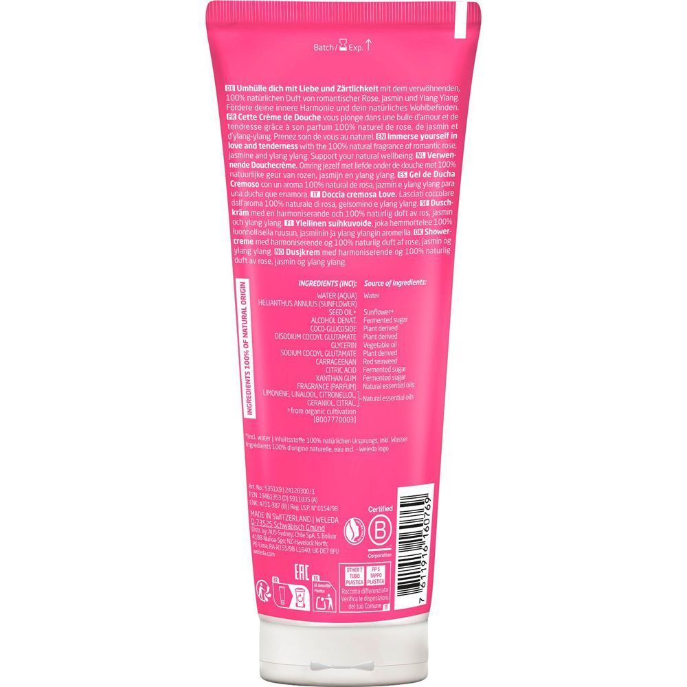 Rückseite einer Tube Weleda Love Shower Cream. Text in mehreren Sprachen, Inhaltsstoffe, Zertifizierung.