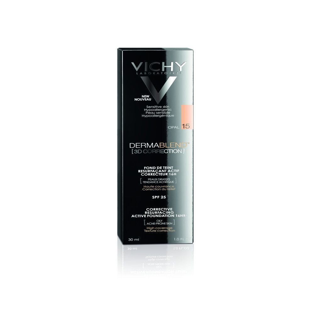 Schwarze Verpackung mit VICHY-Logo und Produktinformationen. Aufdruck: DERMABLEND, Farbton 15, SPF 25.