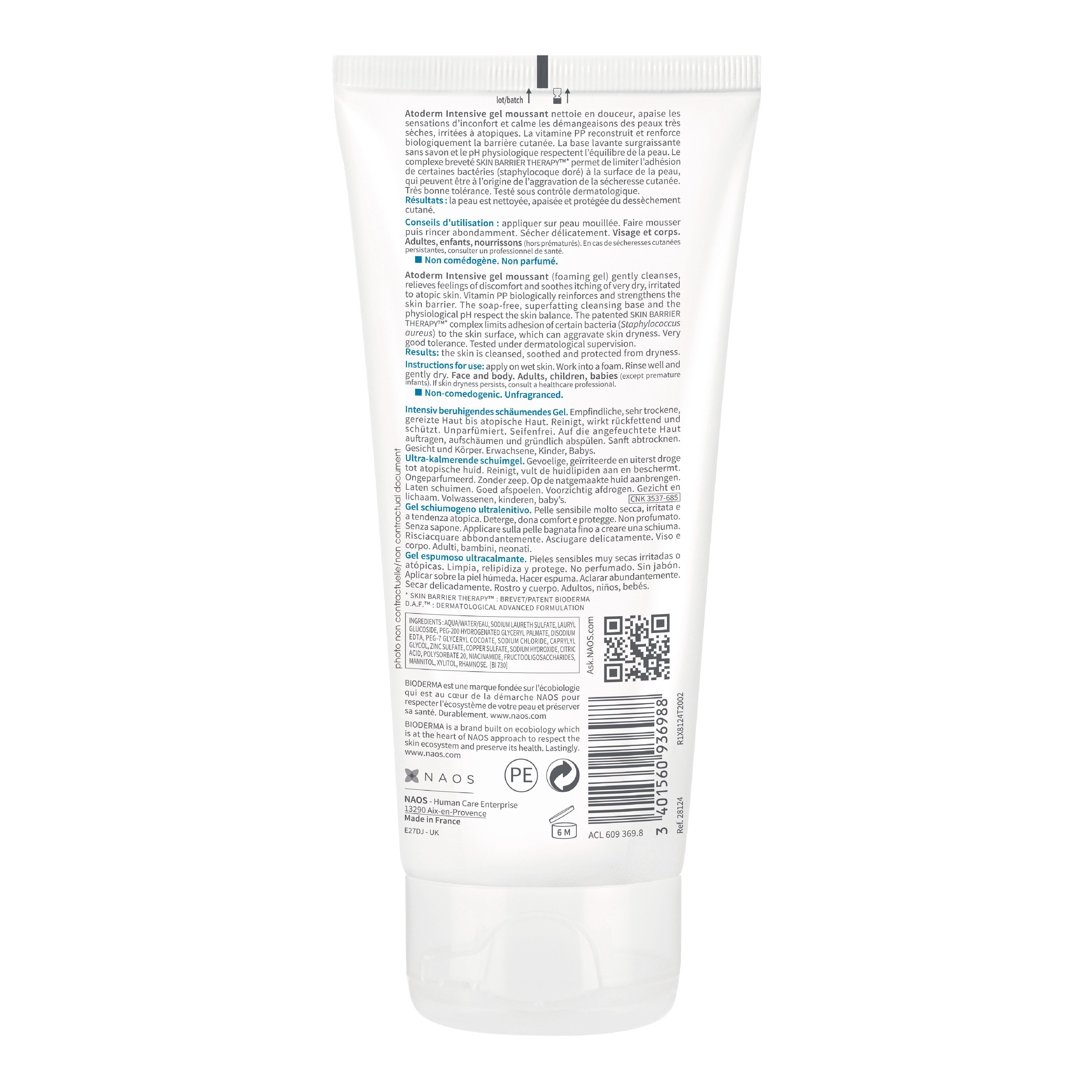 Rückseite einer Tube BIODERMA Atoderm Intensive gel moussant. Weiß, mit Text und QR-Code.