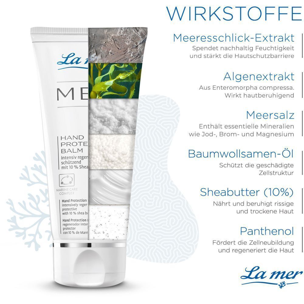 Eine Tube Handbalsam, teilweise aufgeschnitten, zeigt Inhaltsstoffe: Meereschlick-Extrakt, Algenextrakt, Meersalz, Baumwollsamen-Öl, Sheabutter, Panthenol.
