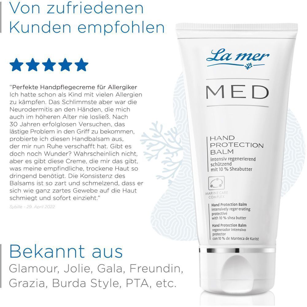 Eine Tube Handbalsam mit Kundenbewertung. Text: La mer MED Hand Protection Balm. Bekannt aus: Glamour, Jolie, Gala, Freundin, Grazia, Burda Style, PTA, etc.