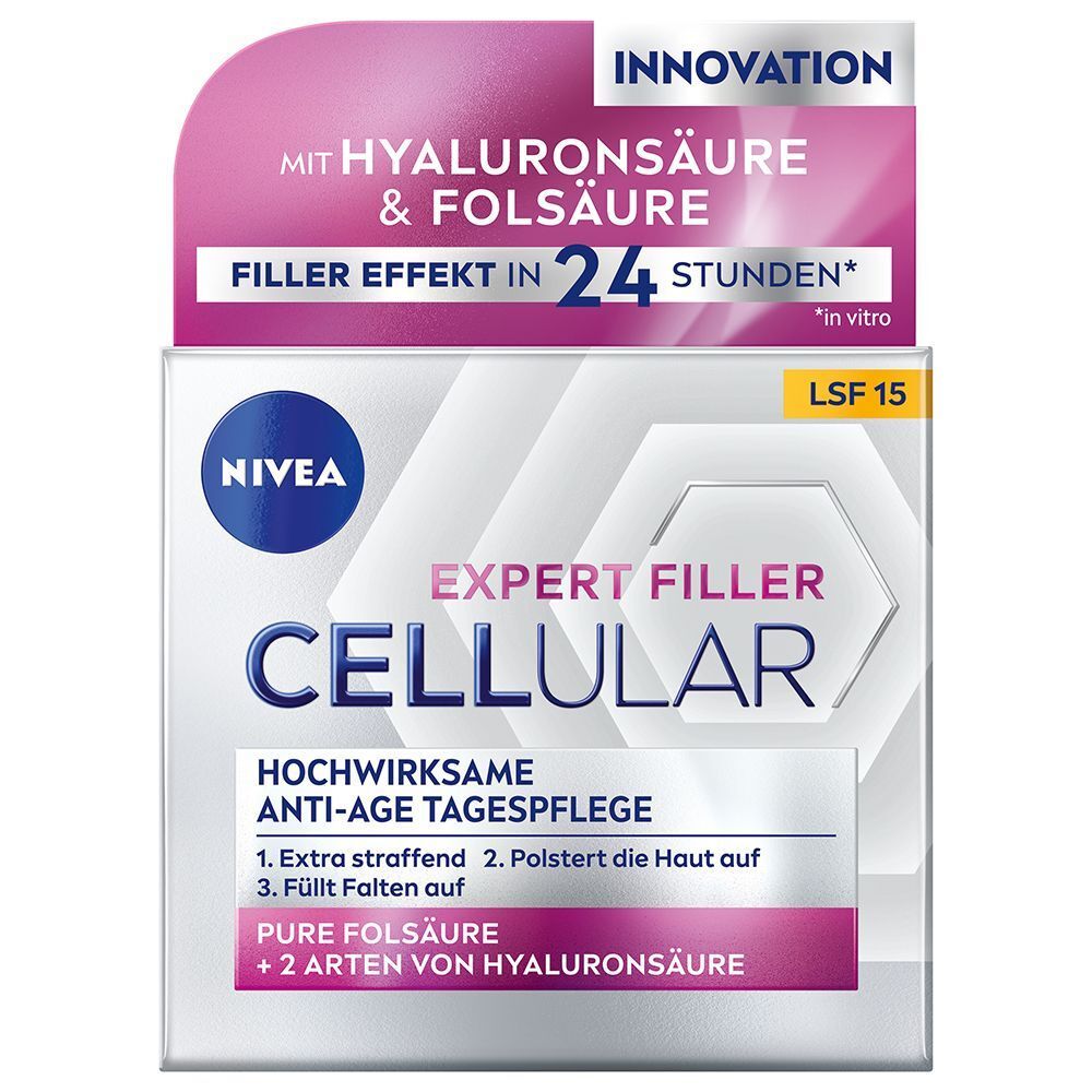 NIVEA Cellular Expert Filler Tagespflege Verpackung. Produktname, Inhaltsstoffe und Logo. Rosa und weiße Farbgebung.