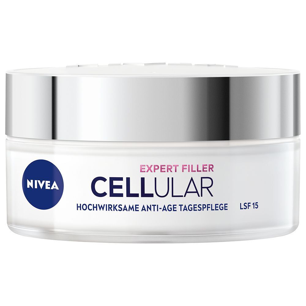 NIVEA Cellular Expert Filler Tagespflege Tiegel. Weißes Glas mit silbernem Deckel. Produktname und Logo.