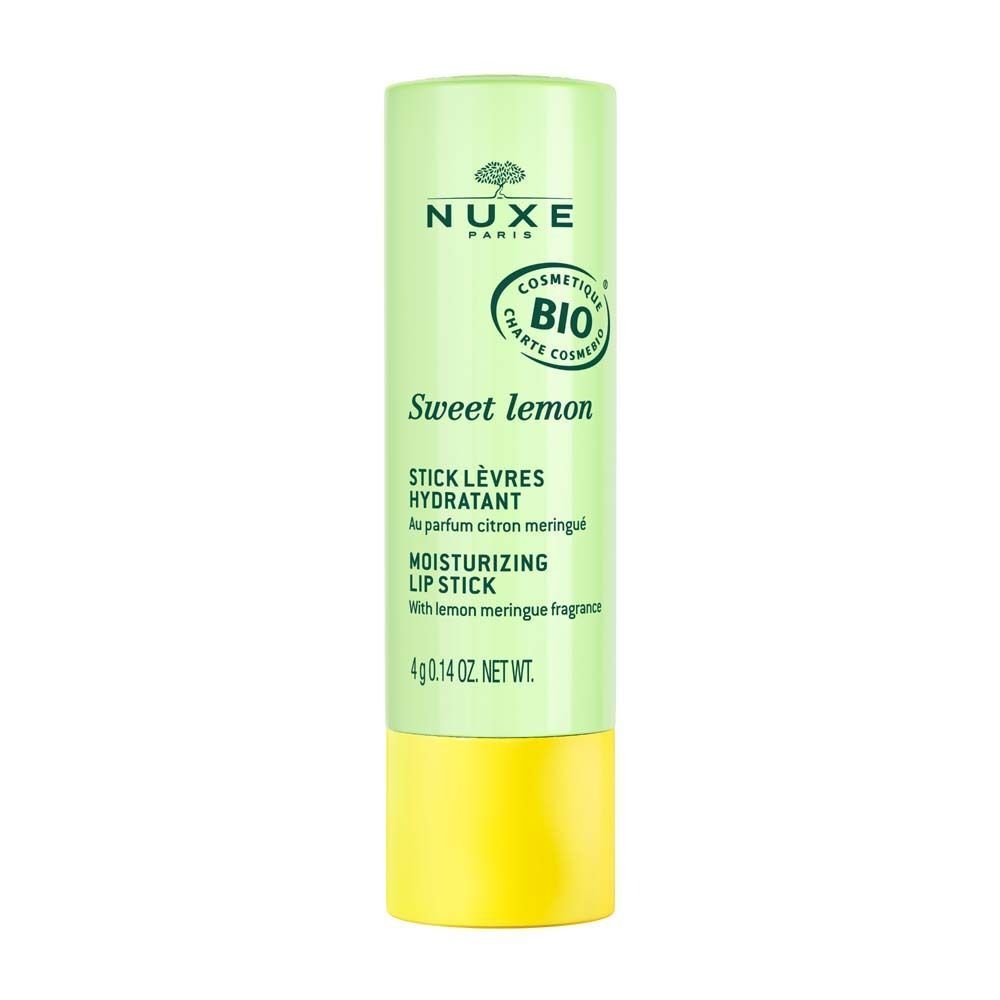 Grüner Lippenstift mit gelbem Boden. Text: Sweet lemon, Moisturizing Lip Stick. Bio-Zertifizierung.