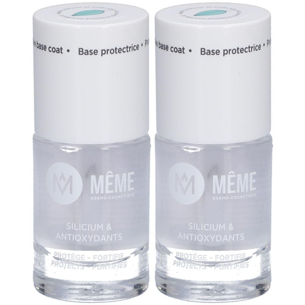 Zwei Flaschen Nagelbase mit weißem Deckel. Aufschrift: MÊME, Silicium & Antioxidantien. Schützt und stärkt.