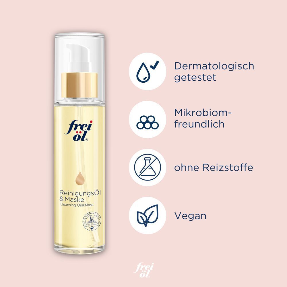 Flasche Reinigungsöl & Maske. Dermatologisch getestet, mikrobiomfreundlich, ohne Reizstoffe, vegan. Marke frei öl®.