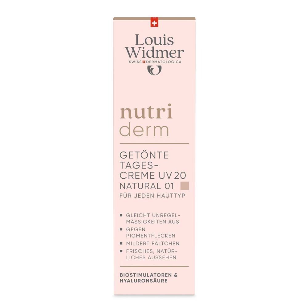 Verpackung Louis Widmer nutriderm Tagescreme UV 20. Rosa, rechteckig. Text: nutriderm, Getönte Tagescreme UV 20, Natural 01, für jeden Hauttyp.