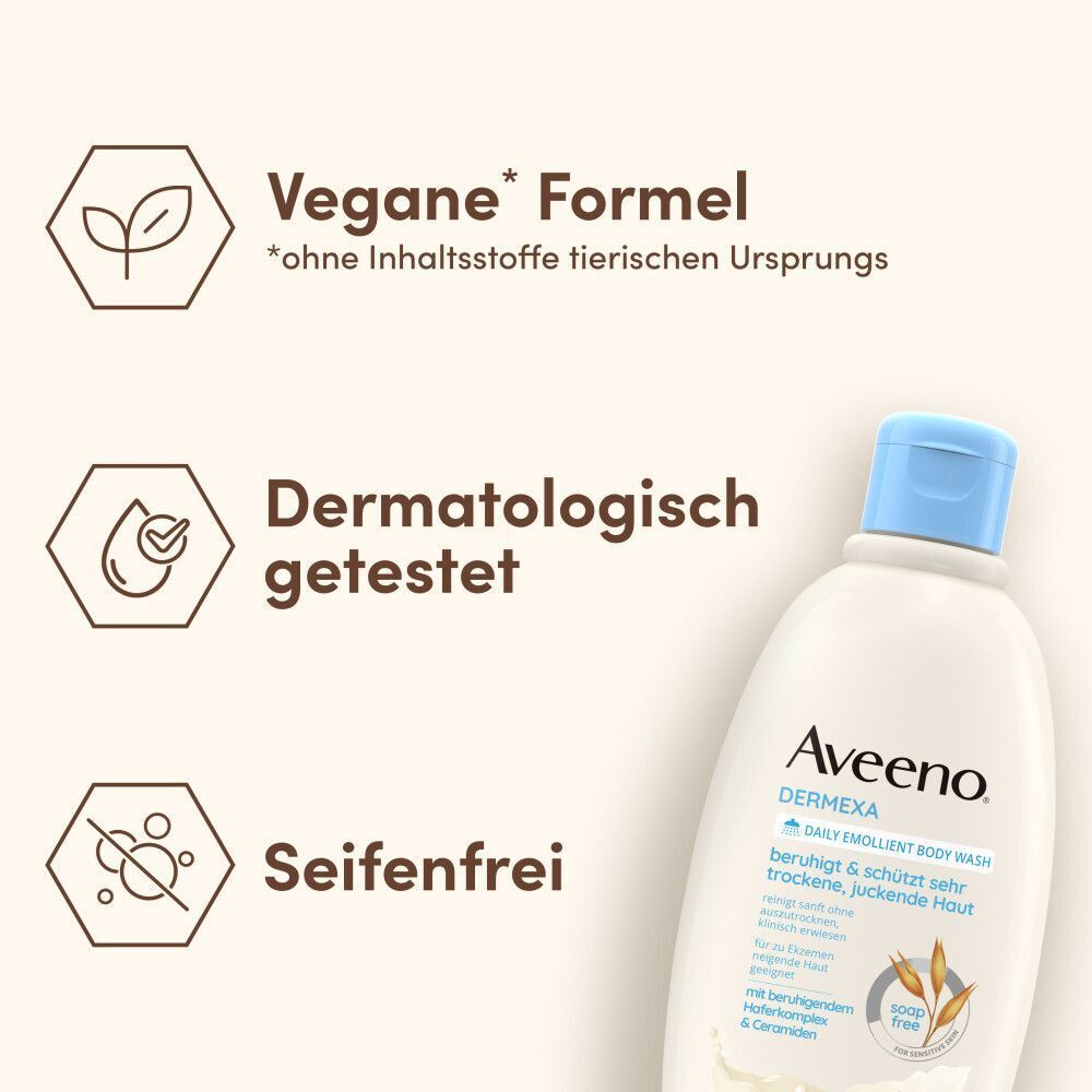 Flasche Aveeno Dermexa Duschcreme. Text: Vegane Formel, dermatologisch getestet, seifenfrei. Logo und Produktinformationen.