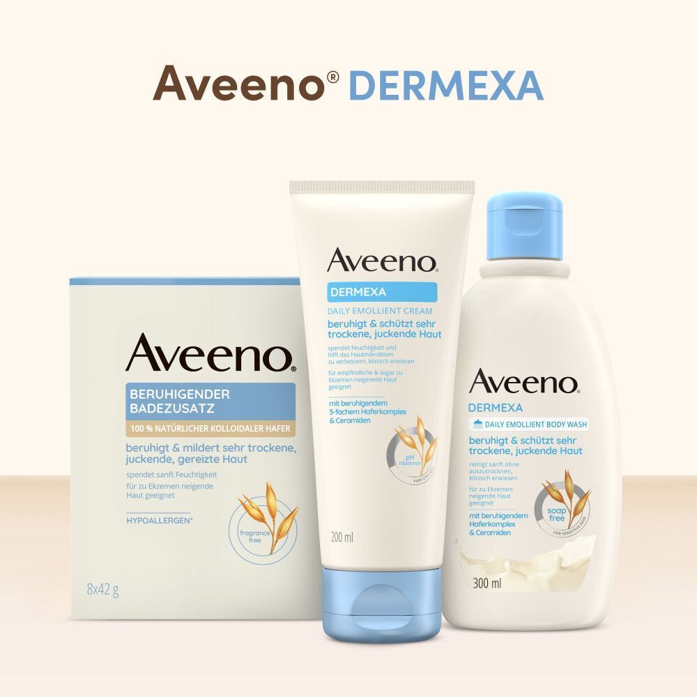 Drei Aveeno Dermexa Produkte: Duschcreme, Creme und Badezusatz. Alle Produkte haben das gleiche Design und Logo.