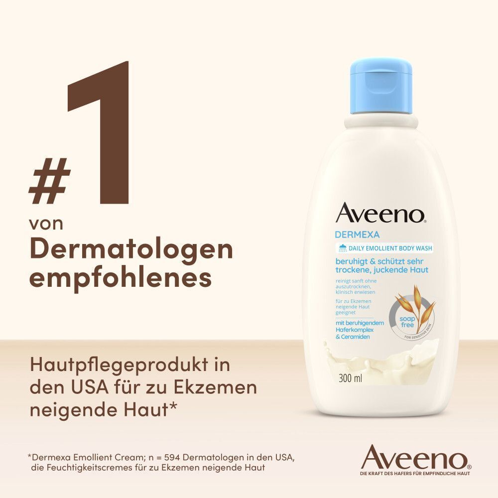 Flasche Aveeno Dermexa Duschcreme. Text: Von Dermatologen empfohlen. Hautpflegeprodukt für Ekzeme. Aveeno Logo.