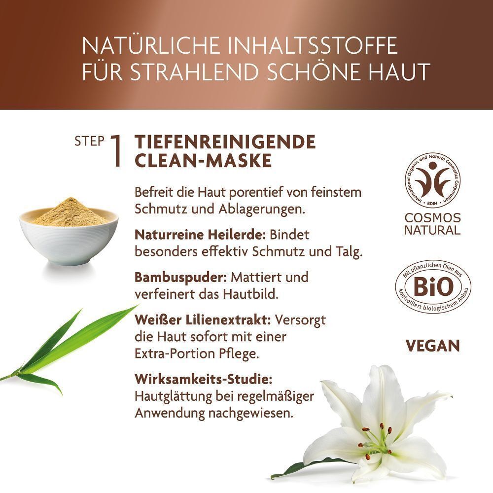 Abbildung der Inhaltsstoffe für die Clean Maske: Schüssel mit Pulver, Lilienblatt. Text: Tiefenreinigende Clean-Maske.