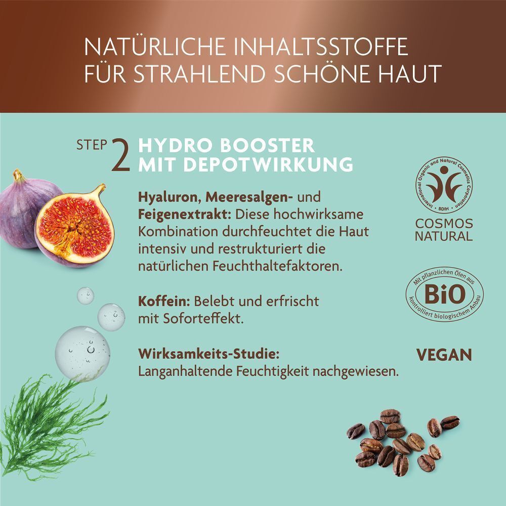Abbildung der Inhaltsstoffe für Hydro Booster: Feige, Kaffeebohnen, Blasen. Text: Hydro Booster mit Depotwirkung.
