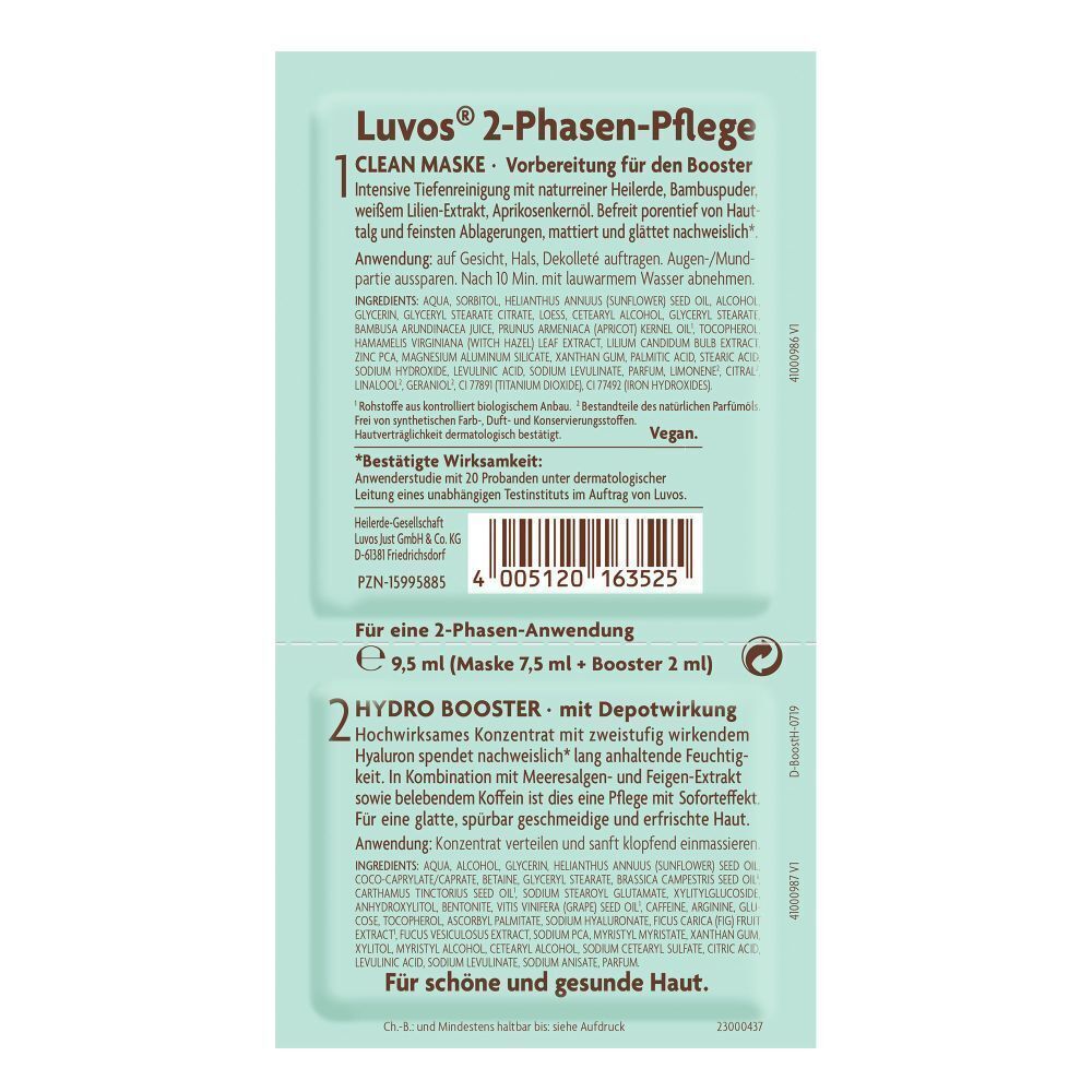 Produktbeutel mit Text. Aufschrift: Luvos, 2-Phasen-Pflege. Text in Deutsch. Inhaltsstoffe und Anwendungshinweise.