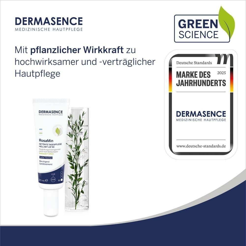 DERMASENCE RosaMin getönte Tagespflege hell LSF 50. Produkt neben einem grünen Logo und einem Zertifikat 'Marke des Jahrhunderts'.