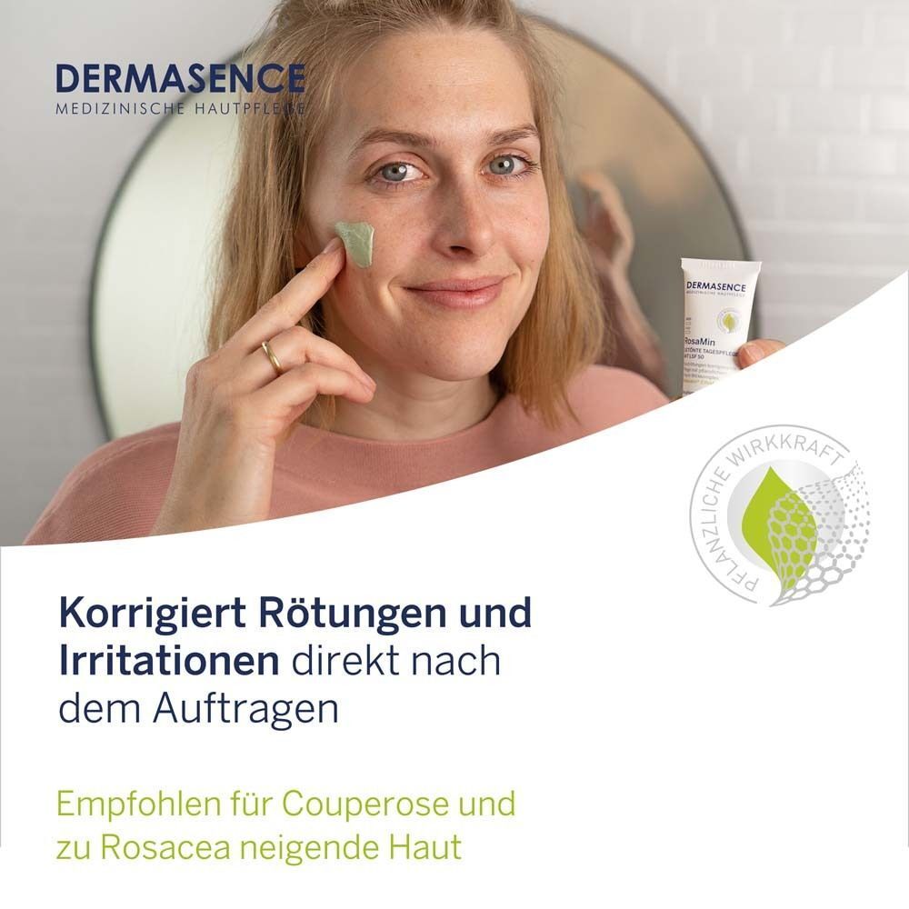 Frau trägt getönte Tagespflege auf. Produkt neben einem grünen Logo. Text: Korrigiert Rötungen und Irritationen direkt nach dem Auftragen.
