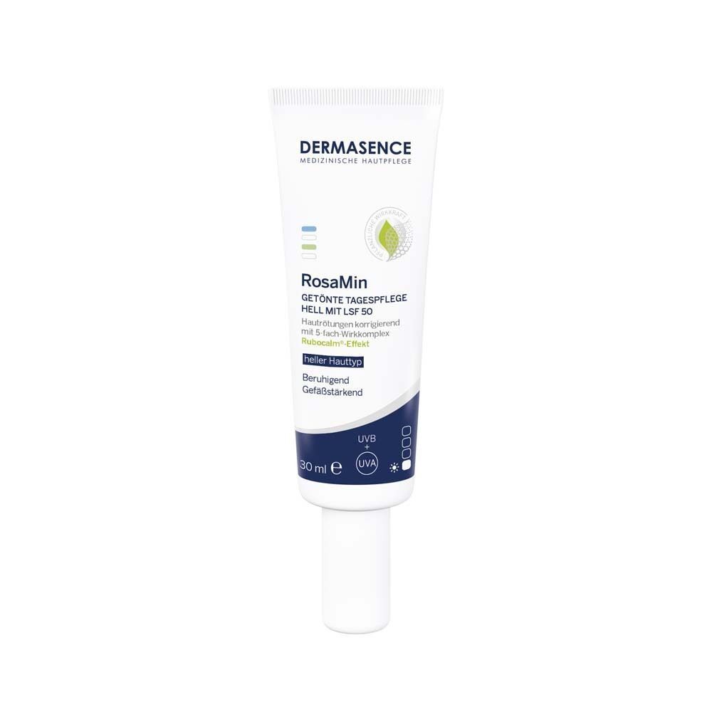 DERMASENCE RosaMin getönte Tagespflege hell LSF 50. Weiße Tube mit blauer und grüner Beschriftung. 30 ml.