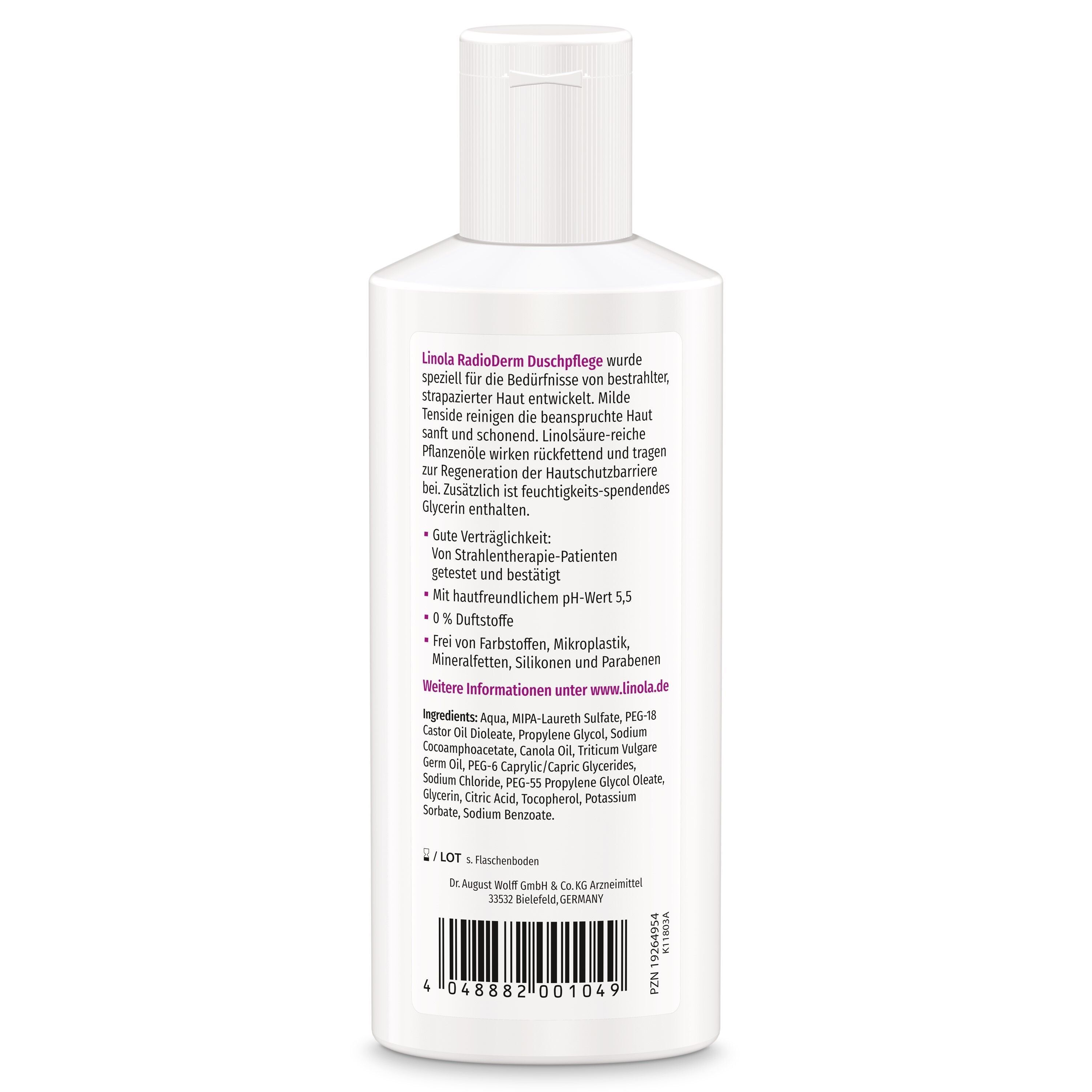 Weiße Flasche Linola RadioDerm Duschpflege. Rückseite mit Text und Inhaltsstoffen. pH-Wert 5,5. Ohne Duftstoffe. Informationen unter www.linola.de.