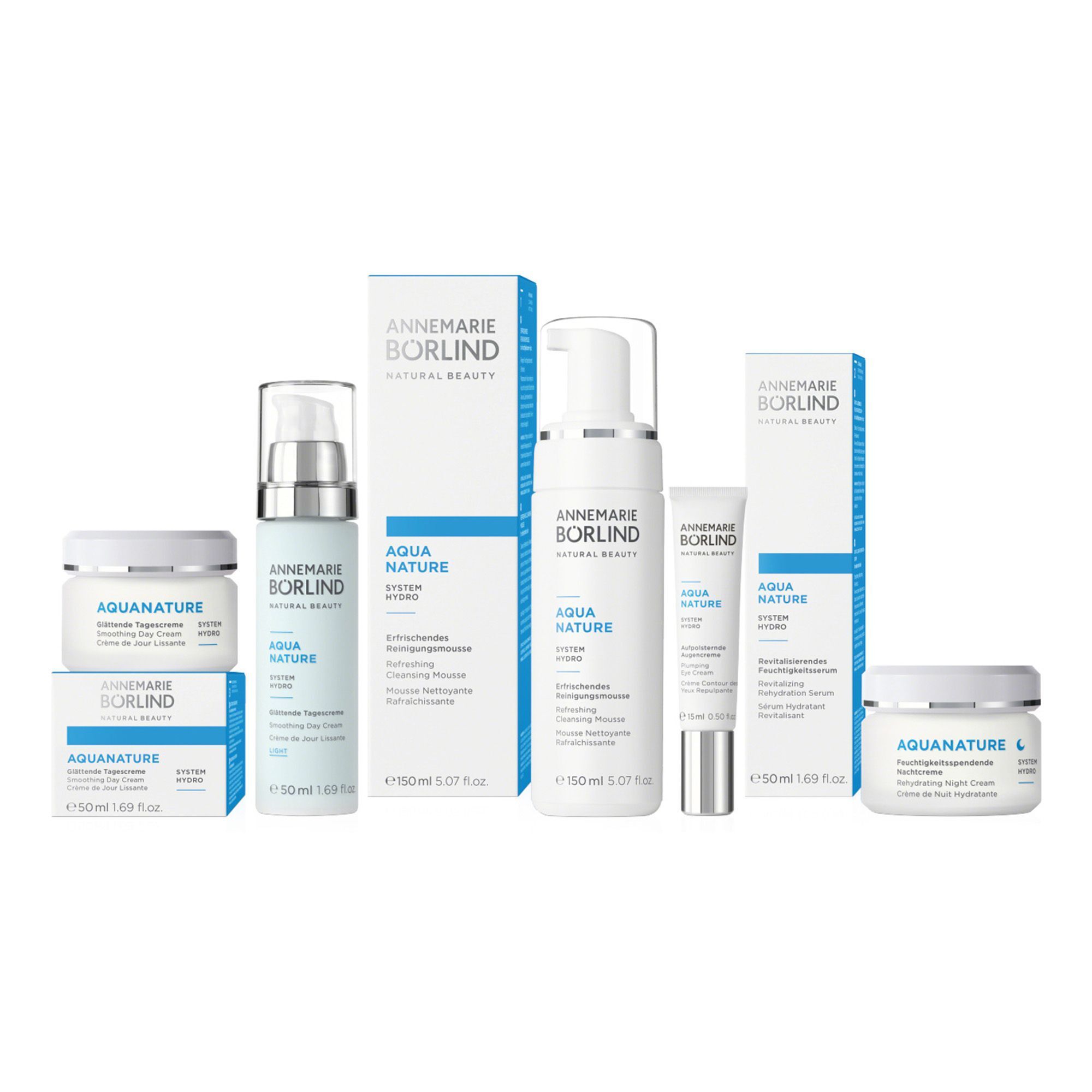 Produktlinie ANNEMARIE BÖRLIND AQUANATURE mit Tiegeln und Spendern.
