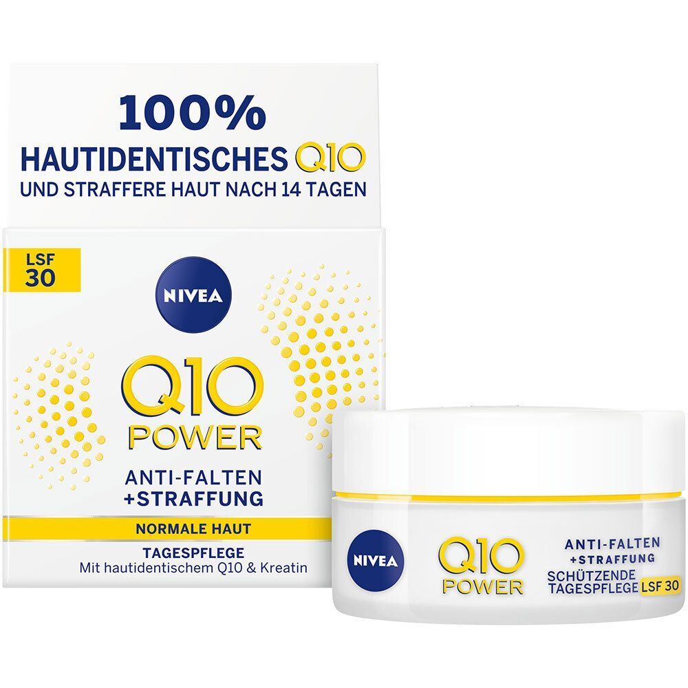 NIVEA® Q10 Power Tagespflege mit Verpackung. Weißer Tiegel und Schachtel mit gelben und blauen Schriftzügen. Sichtbar: Logo, Produktname, LSF 30.