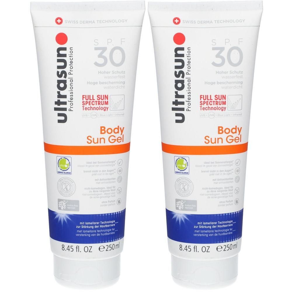 Zwei Tuben Sonnengel. Weiß, mit orangefarbenen und blauen Akzenten. Aufschrift: ultrasun, SPF 30, Body Sun Gel.