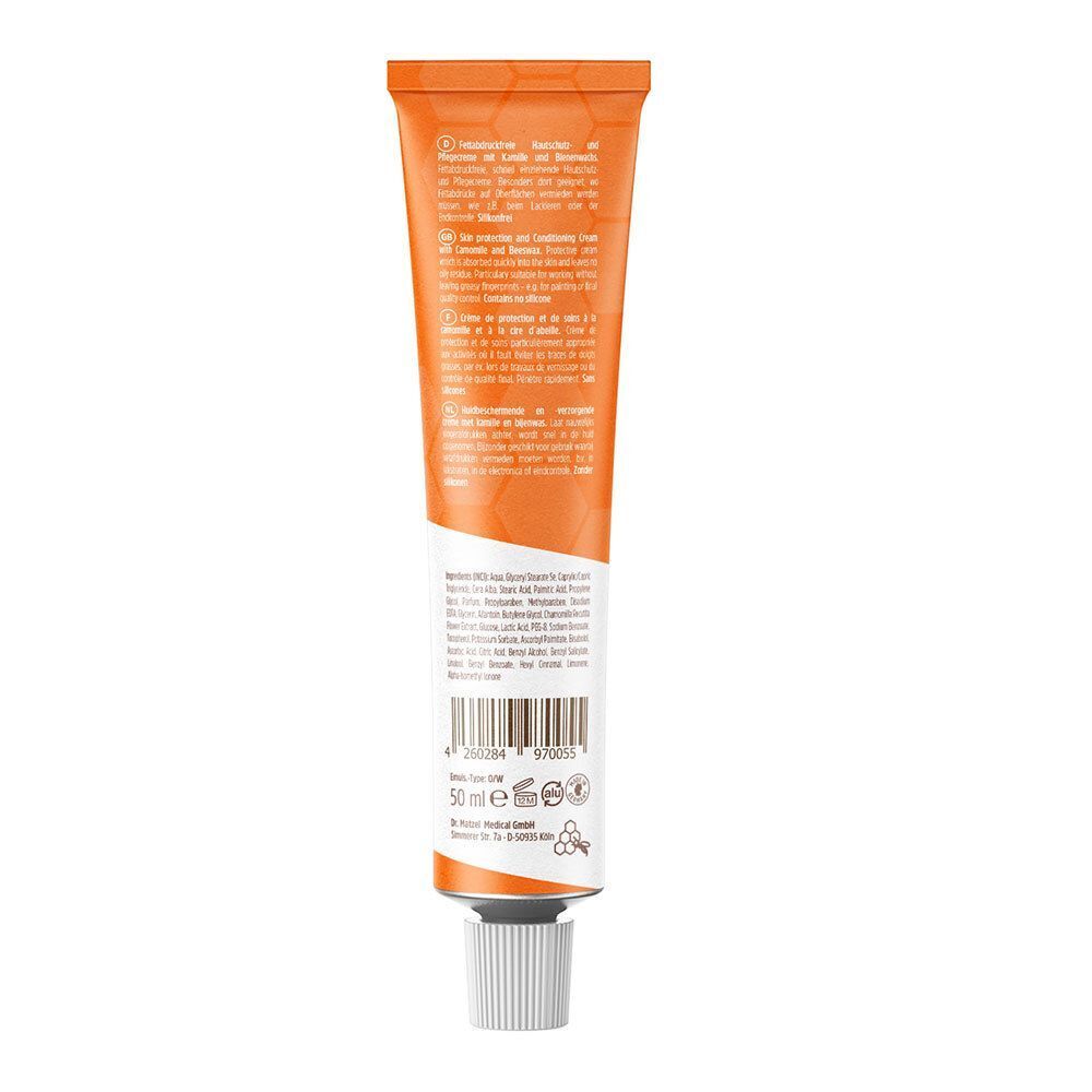 Rückseite einer orangefarbenen Tube Hautschutz- und Pflegecreme. Weißer Verschluss. Text in mehreren Sprachen. Barcode und Logos.