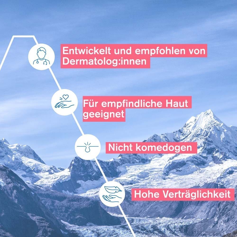 Grafik mit Text. Entwickelt und empfohlen von Dermatolog:innen. Für empfindliche Haut geeignet. Nicht komedogen. Hohe Verträglichkeit.