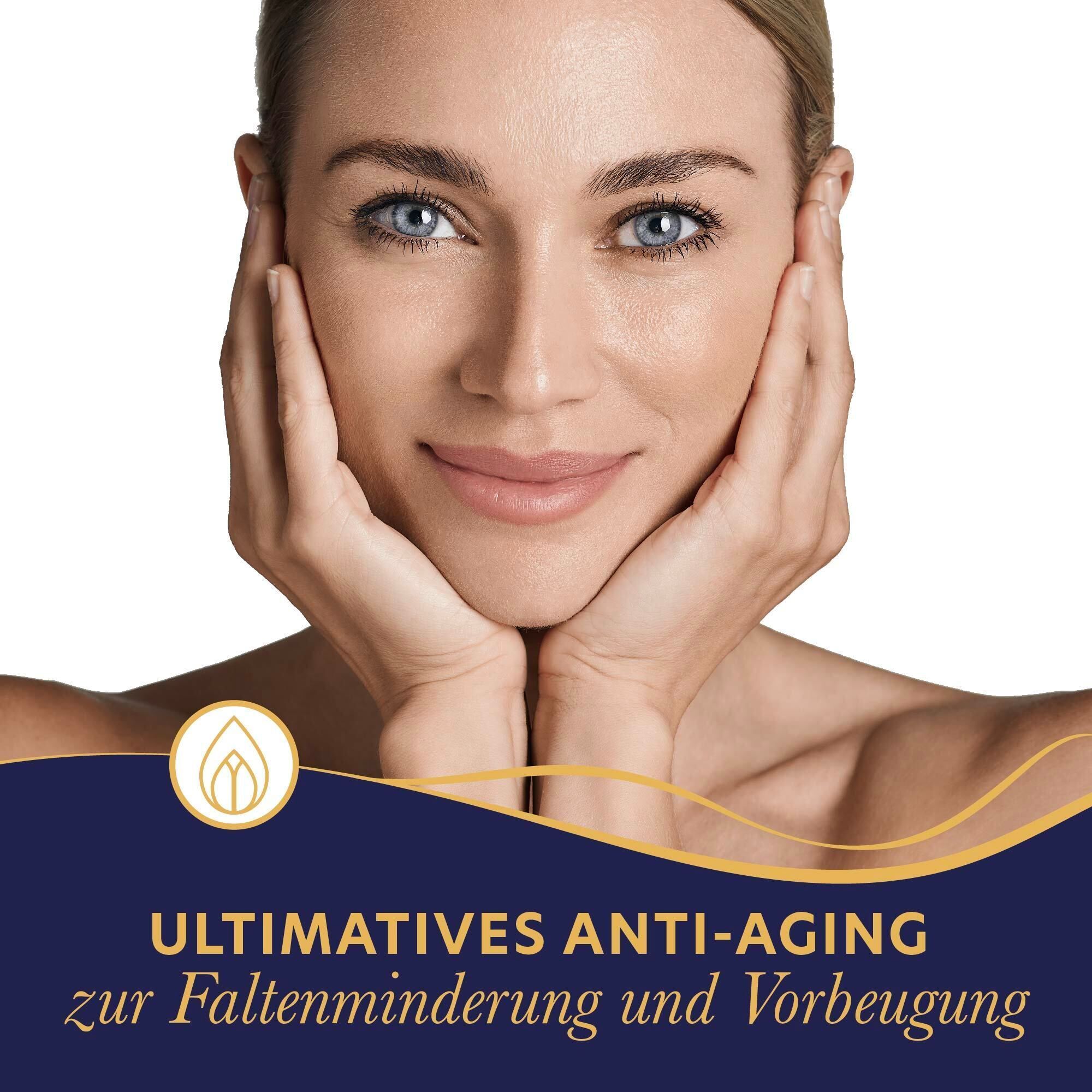 Frau hält Hände am Gesicht. Text: Ultimatives Anti-Aging zur Faltenminderung und Vorbeugung.