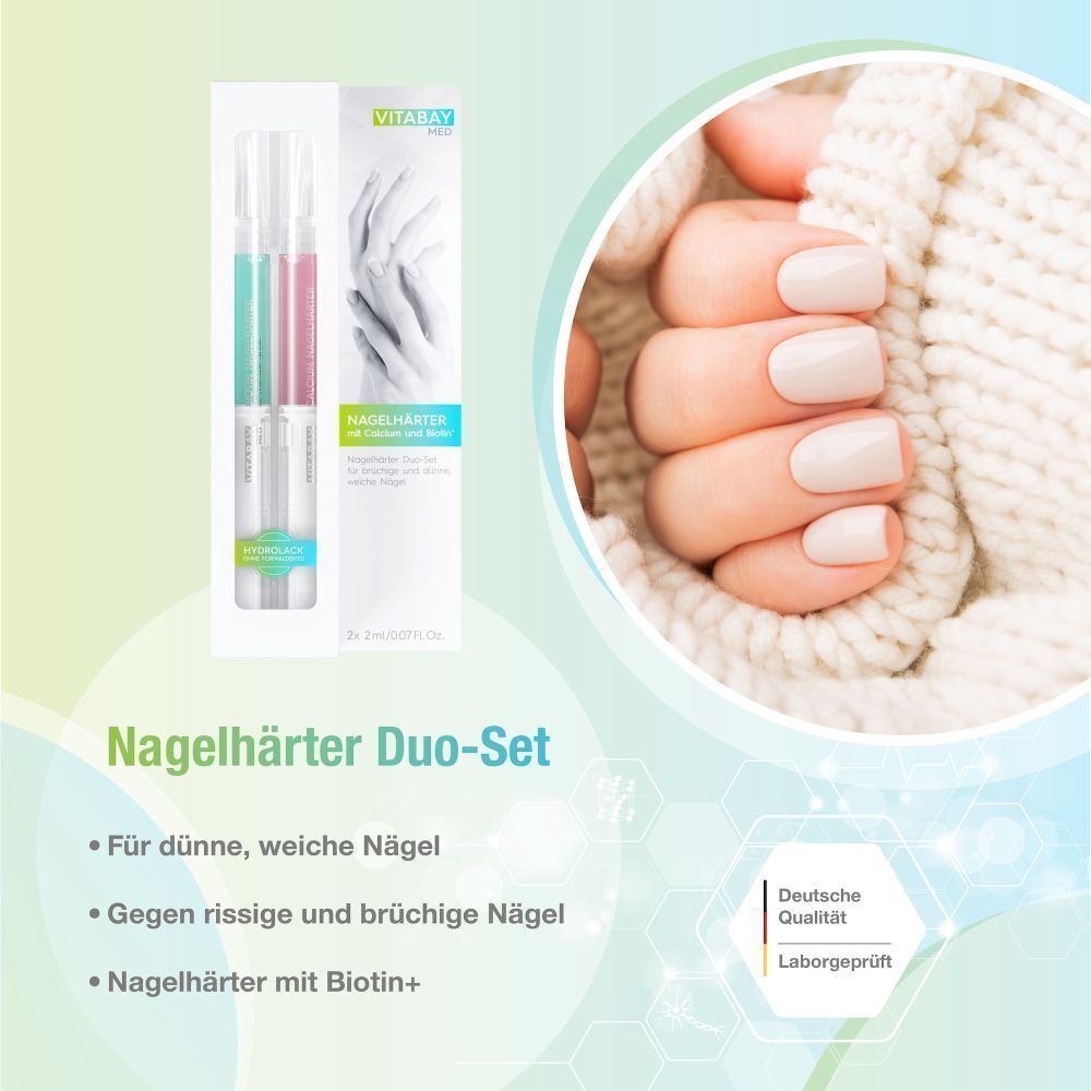 Nagelhärter Duo-Set. Verpackung mit zwei Stiften und einer Hand mit lackierten Nägeln. Aufschrift: Für dünne, weiche Nägel. Deutsche Qualität.
