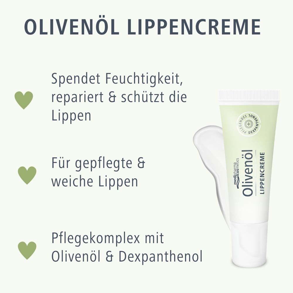Eine Tube Olivenöl Lippencreme mit Text: "Spendet Feuchtigkeit, repariert & schützt die Lippen".