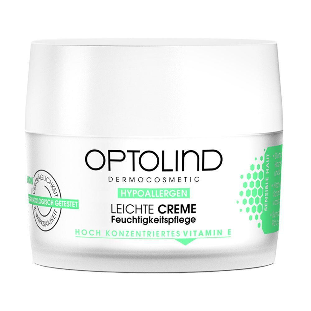 Weißer Tiegel mit Deckel. Aufschrift: OPTOLIND, Leichte Creme, Feuchtigkeitspflege, Vitamin E. Mit grünem Akzent.
