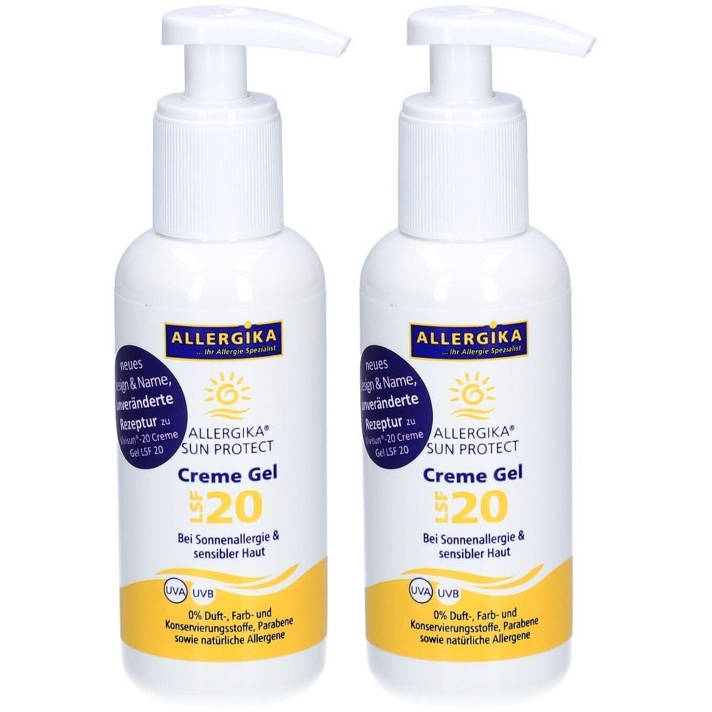 Zwei weiße Flaschen mit Pumpaufsatz. Aufschrift: ALLERGIKA SUN PROTECT Creme Gel LSF 20. Für sonnenallergische und sensible Haut.
