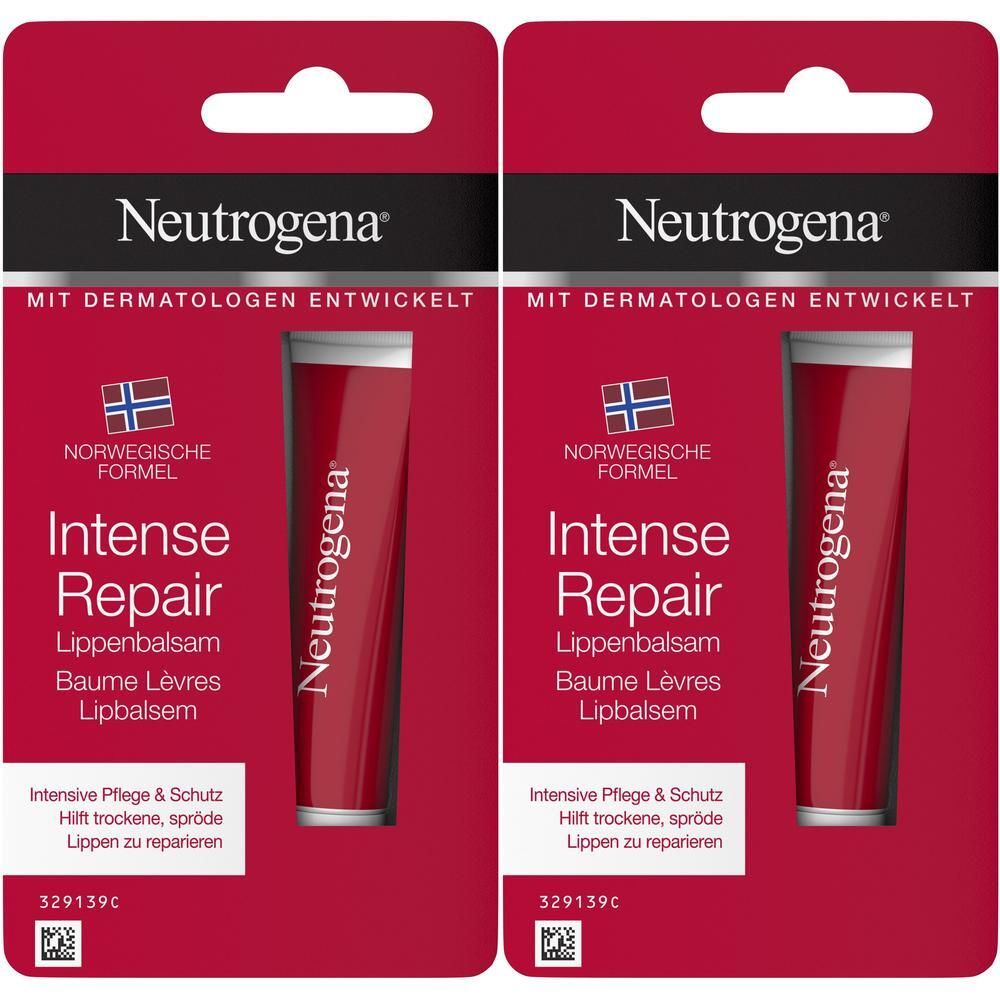 Zwei Lippenbalsam-Verpackungen. Rote Kartons mit Produktnamen und Logo. Enthält Lippenbalsam-Tuben.