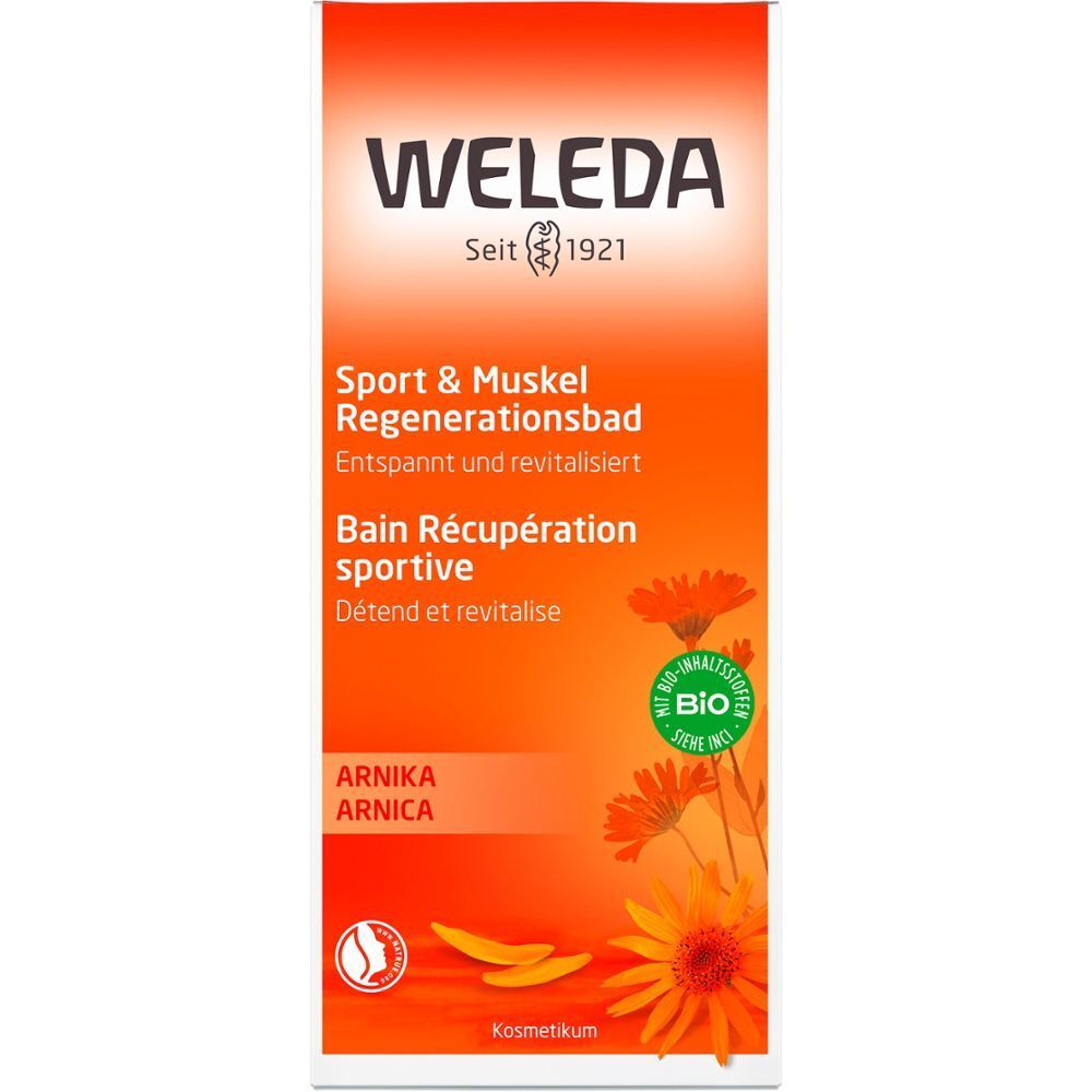 Hohes, schmales, orangefarbenes Etikett mit Aufschrift: WELEDA, Sport & Muskel Regenerationsbad, Arnika. Bio-Siegel.