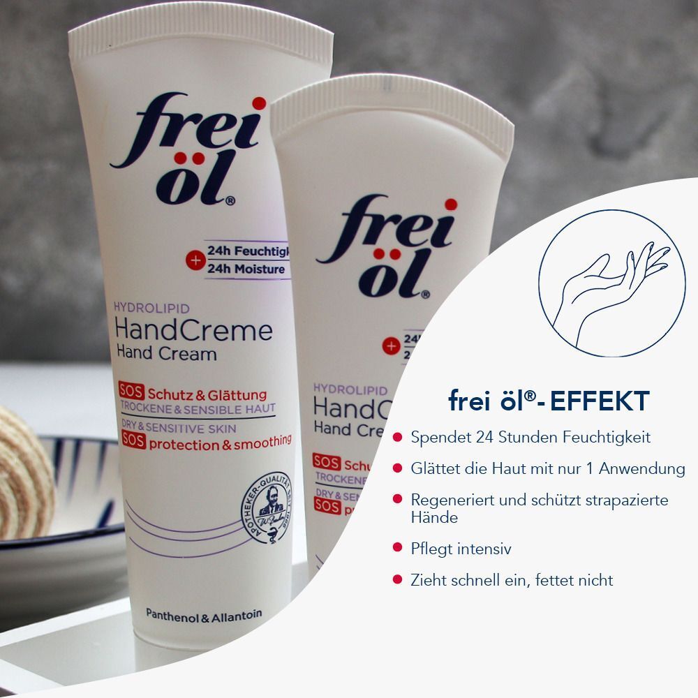 Zwei Tuben Handcreme, weiß. Produktname und Eigenschaften sind aufgedruckt. Grafik mit Hand.