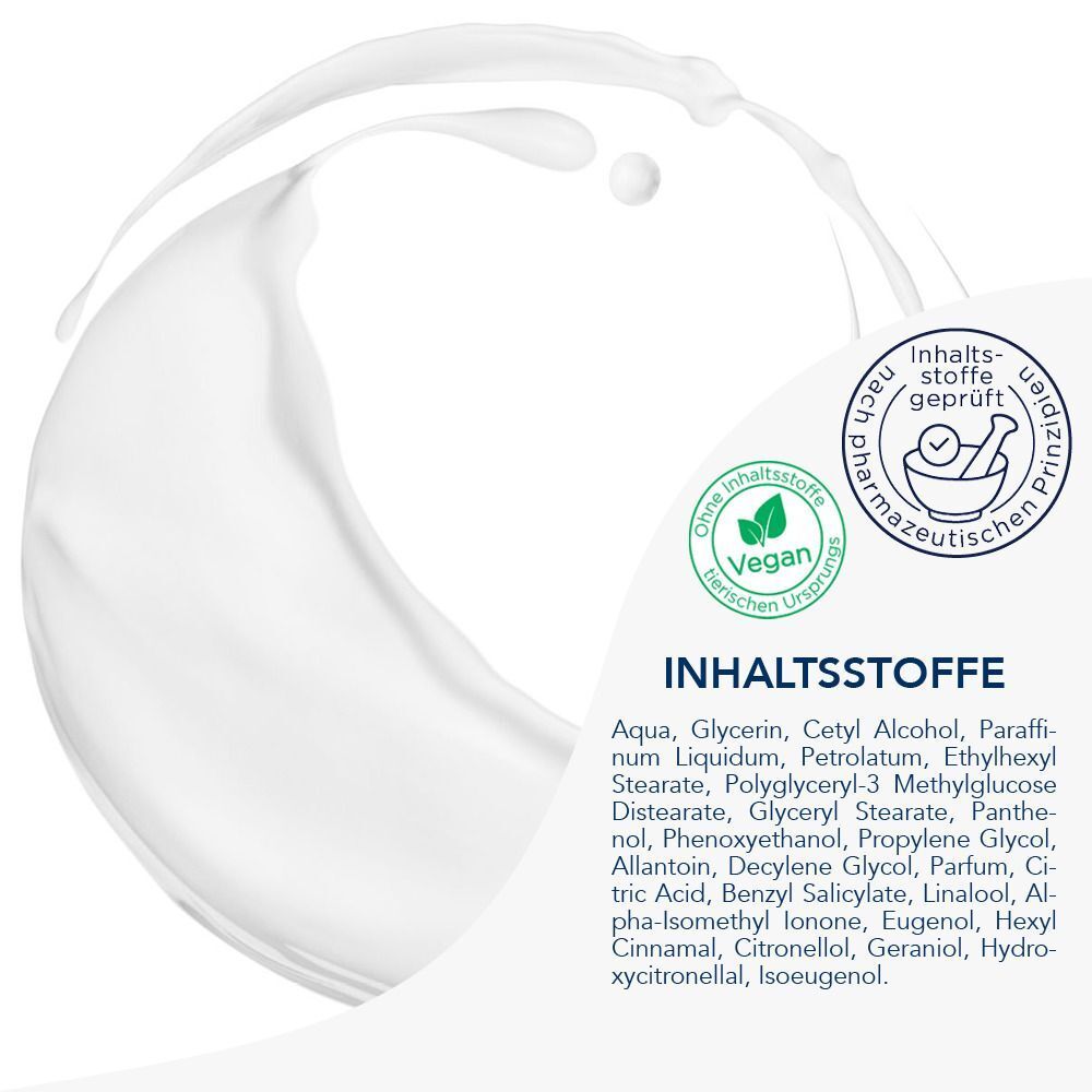Weiße Flüssigkeitsspritzer. Inhaltsstoffe-Liste und Siegel mit Apotheken-Qualität.