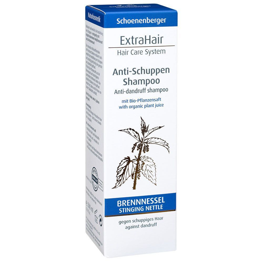 Verpackung. Aufschrift: ExtraHair Anti-Schuppen Shampoo. Brennnessel. Mit Bio-Pflanzensaft. Logo.