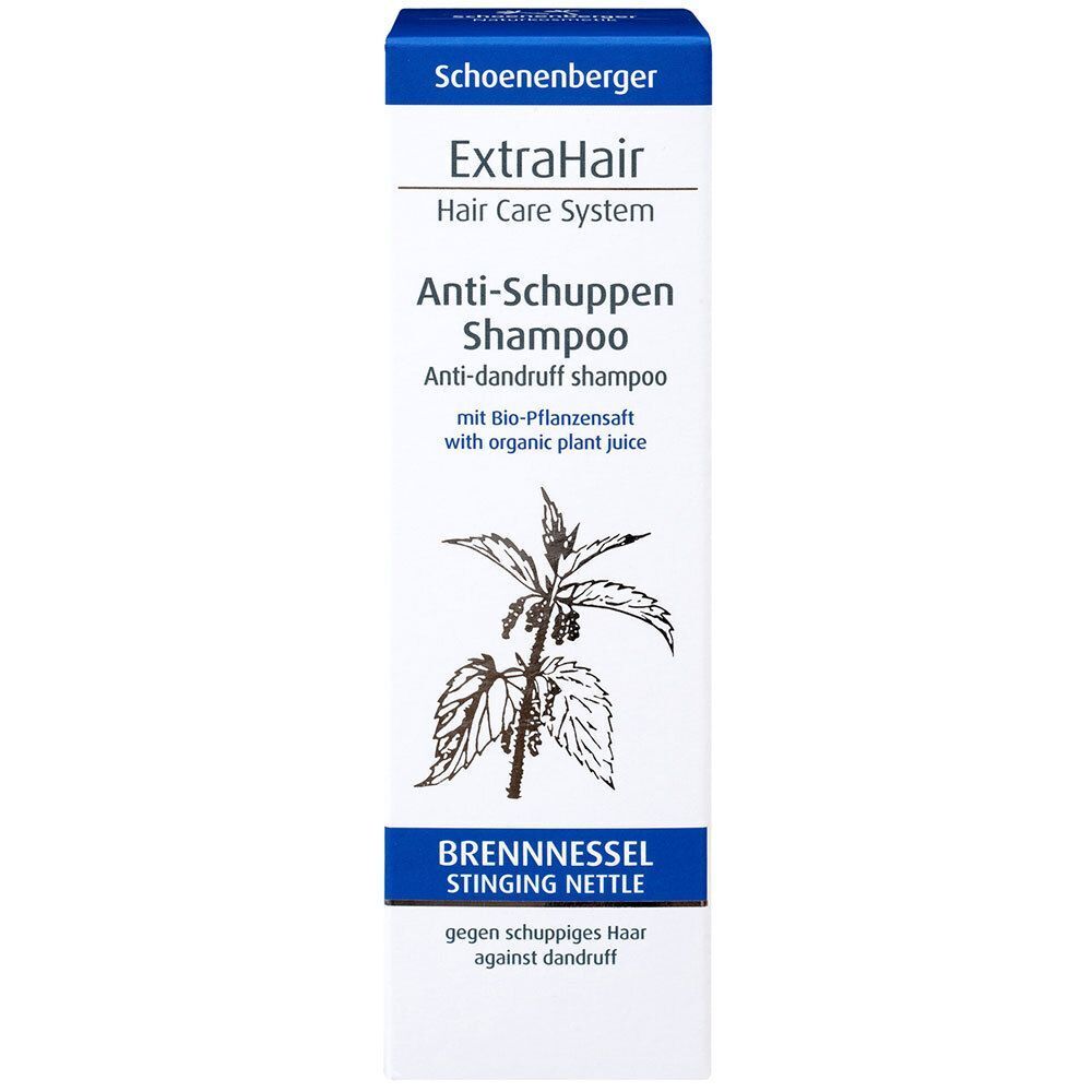 Verpackung. Aufschrift: ExtraHair Anti-Schuppen Shampoo. Brennnessel. Mit Bio-Pflanzensaft.