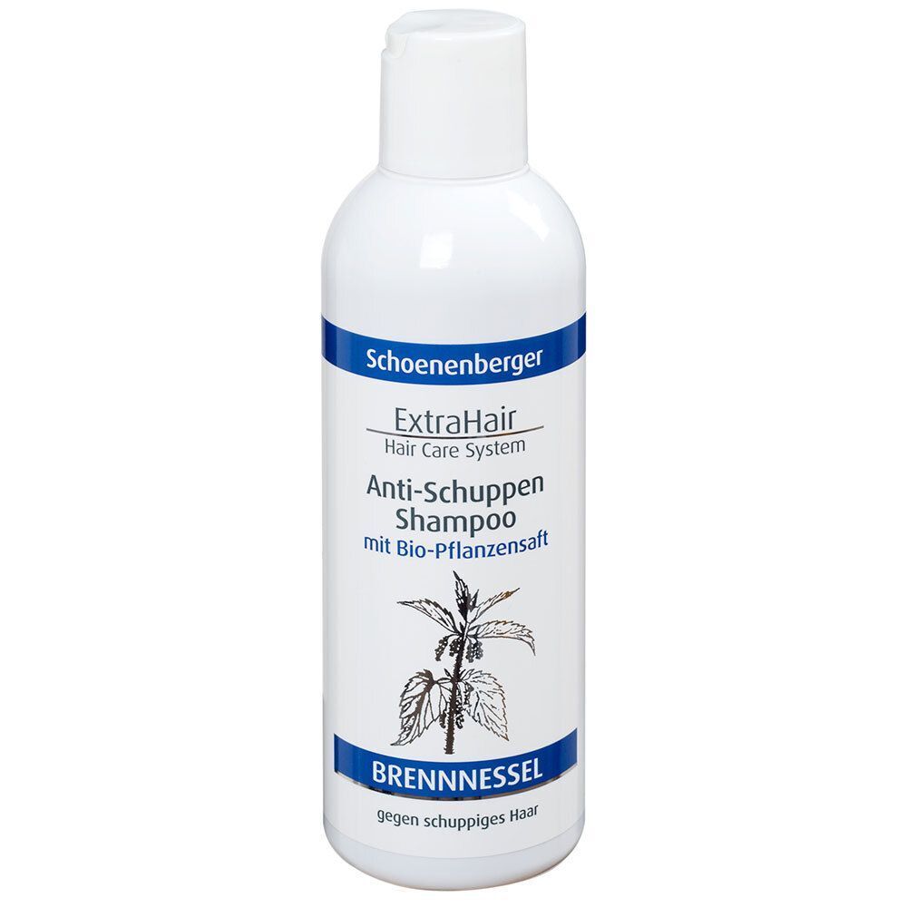 Flasche. Aufschrift: ExtraHair Anti-Schuppen Shampoo. Brennnessel. Mit Bio-Pflanzensaft.