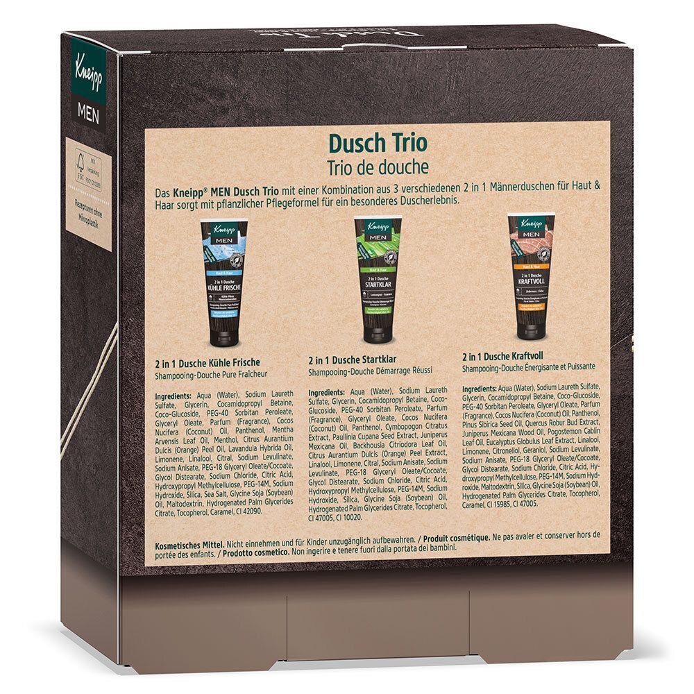 Rückseite der Kneipp® MEN Dusch-Trio Geschenkbox. Produktinformationen und Inhaltsstoffe aufgedruckt. Brauner Hintergrund.