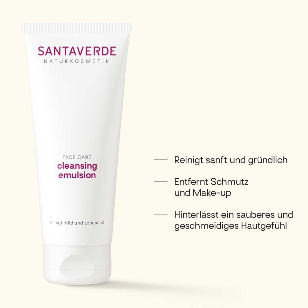 Weiße Tube mit SANTAVERDE-Logo und Text. Aufschrift: Face Care, cleansing emulsion. Text: Reinigt sanft und gründlich.