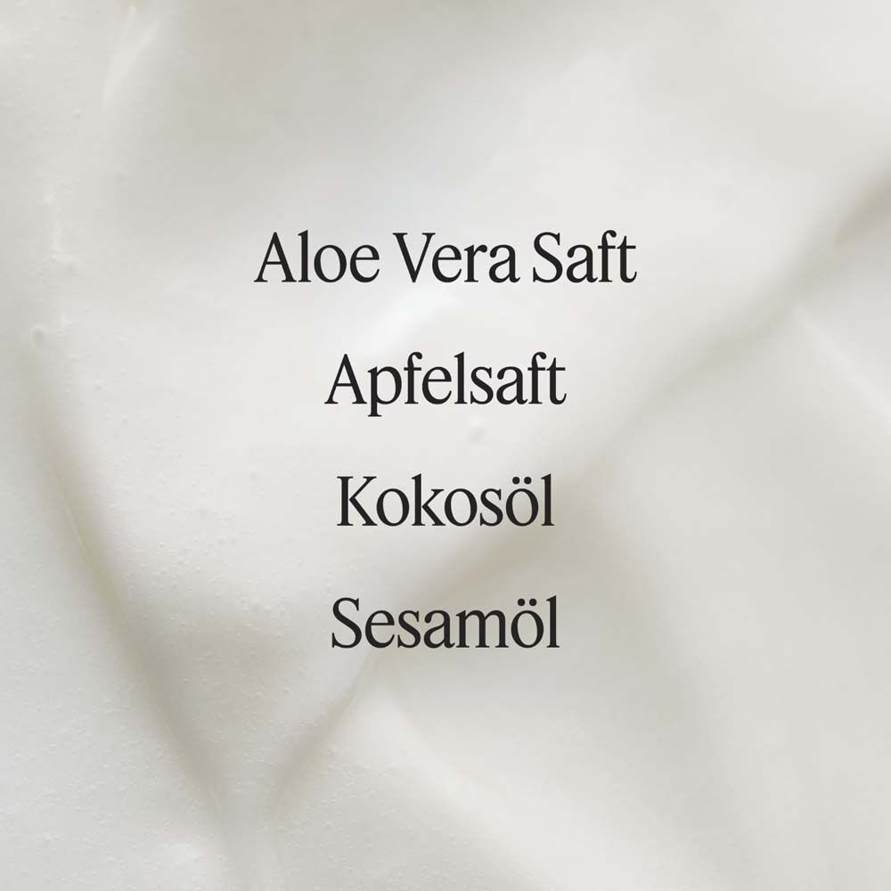 Text auf weißem Hintergrund: Aloe Vera Saft, Apfelsaft, Kokosöl, Sesamöl.