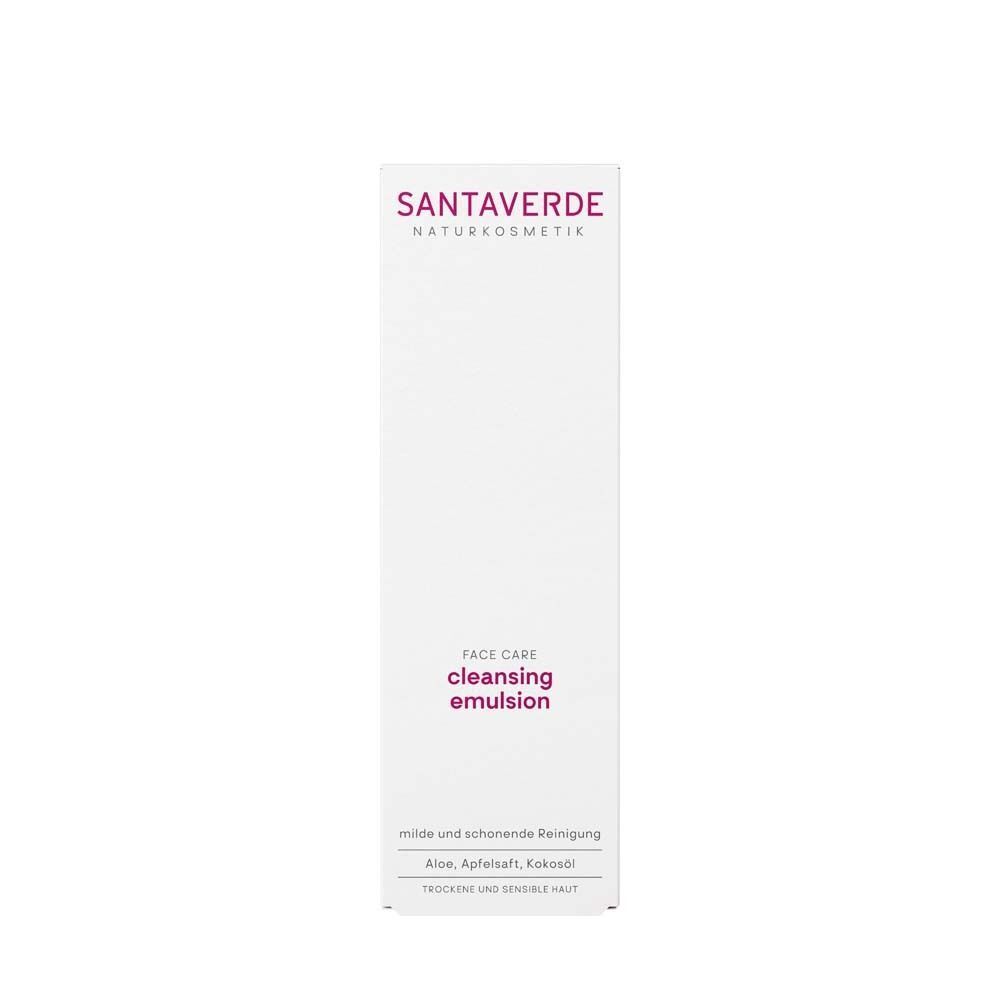 Weiße Verpackung mit SANTAVERDE-Logo und Text. Aufschrift: Face Care, cleansing emulsion. Text: Reinigt mild und schonend.