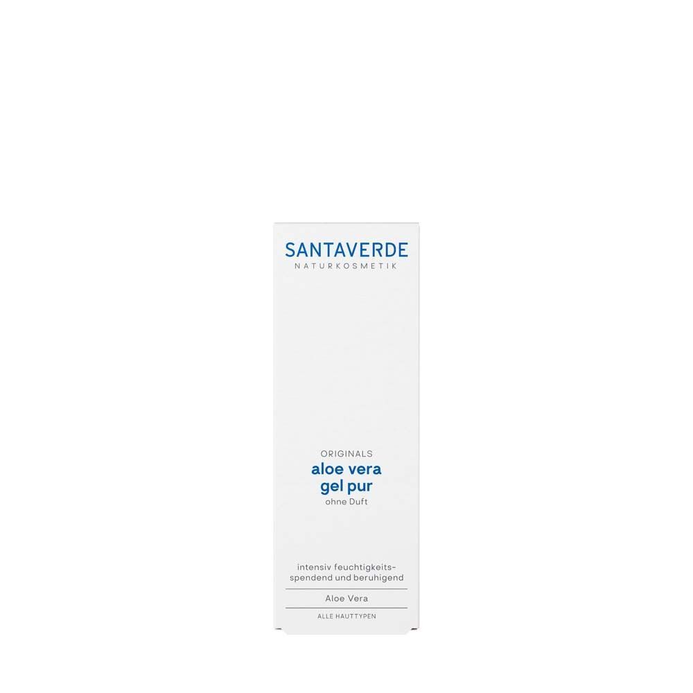 Weiße Verpackung mit blauer Schrift. Aufschrift: SANTAVERDE, aloe vera gel pur ohne Duft.