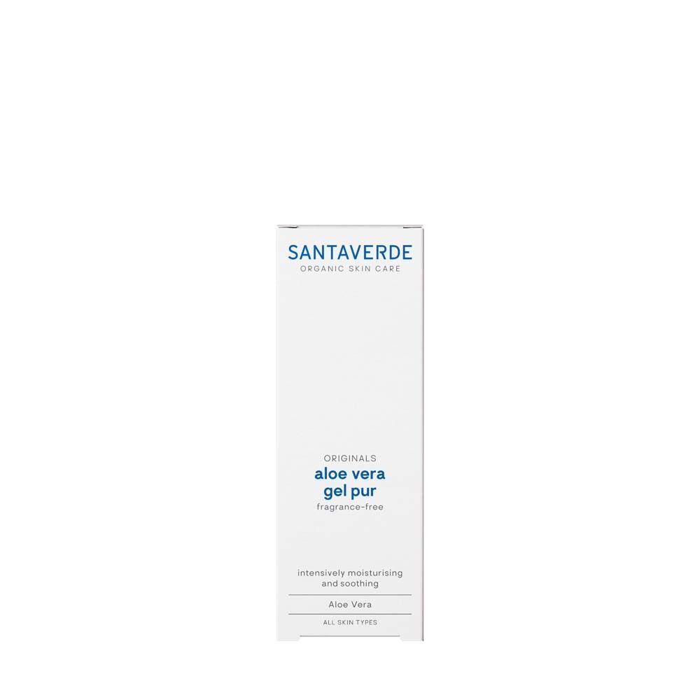 Weiße Verpackung mit blauer Schrift. Aufschrift: SANTAVERDE, aloe vera gel pur fragrance-free.