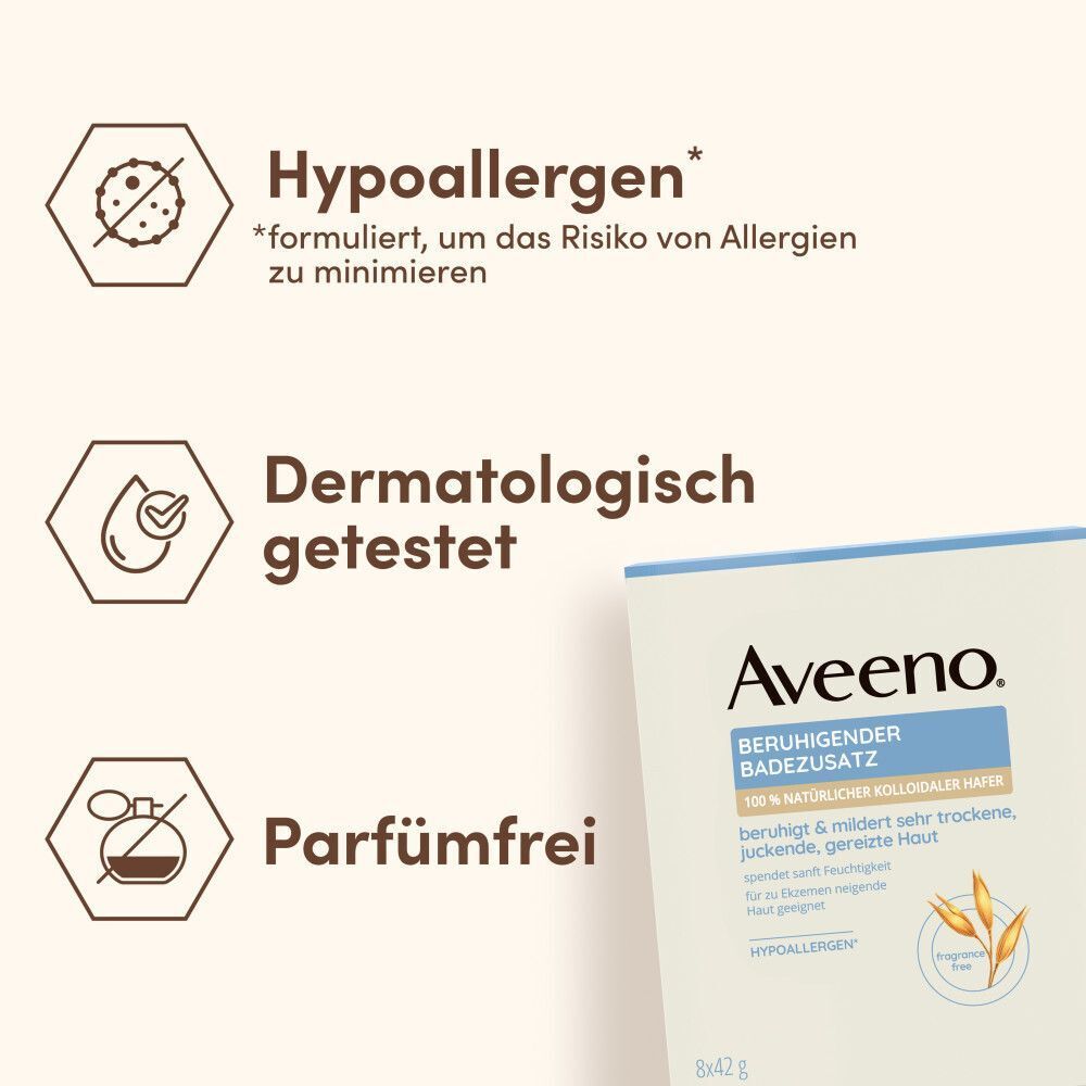 Text: Hypoallergen, dermatologisch getest, parfümfrei. Packung Aveeno® Badezusatz.