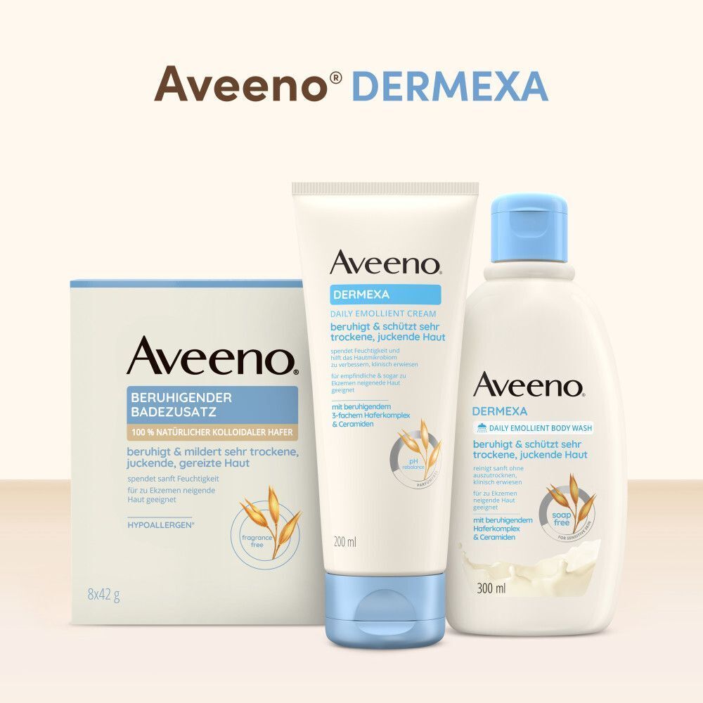 Aveeno® Dermexa Produktreihe: Badezusatz, Creme, Body Wash. Alle Produkte mit Logo und Produktinformationen.