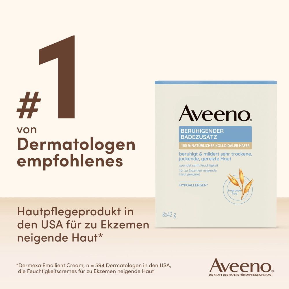 Packung Aveeno® Badezusatz. Text: #1 von Dermatologen empfohlen. Hautpflegeprodukt für Ekzeme.