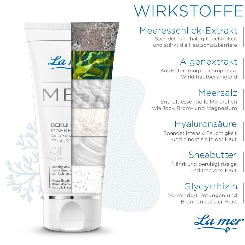 Eine Tube mit Inhaltsstoff-Grafik. Meeresschlick-Extrakt, Algenextrakt, Meersalz, Hyaluronsäure, Sheabutter, Glycyrrhizin.