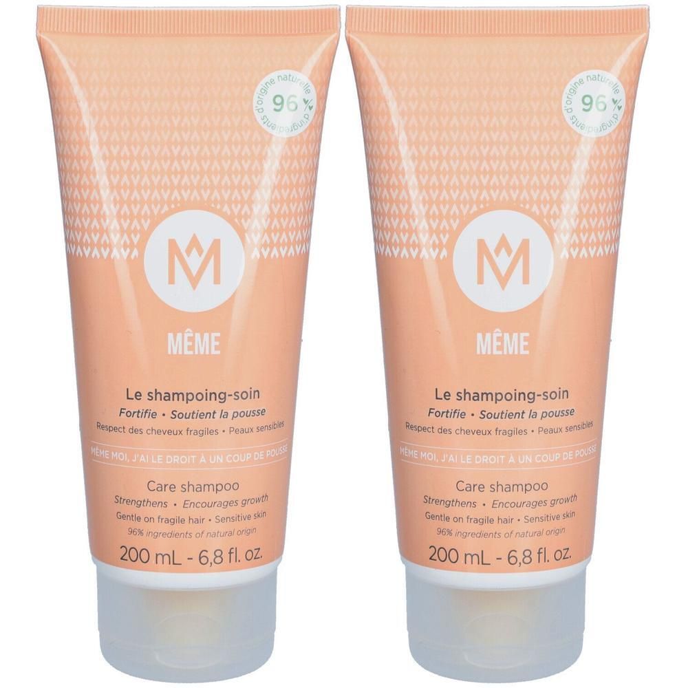 Zwei Tuben Shampoo. Hellrosa Tuben mit weißem Verschluss. Aufschrift: MÊME, Le shampoing-soin, 200 ml.