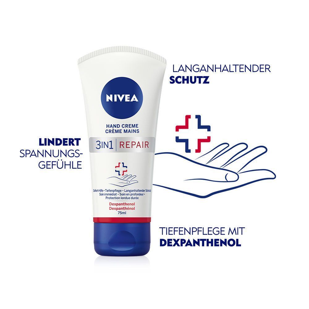 NIVEA Hand Creme Tube. Weiß, blaues Logo und Deckel. Text: 3in1 Repair, Dexpanthenol. Illustration: Hand mit Kreuz.